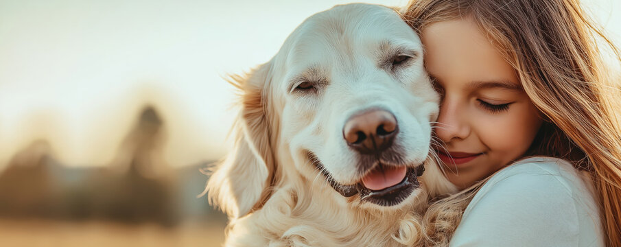 Girl hugging golden retriever dog with sunset background. Pet adoption services, animal therapy programs, children development