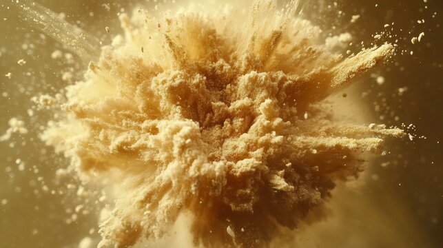 Majestic cloud of metallic gold sand suspended in perfect explosive sphere, extreme macro photography capturing individual grain definition, stroboscopic lighting effect freezing particles