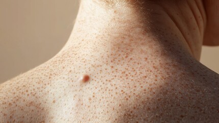 Fototapeta premium Medical examination perspective of shoulder blade area displaying multiple flat benign moles and freckles, warm afternoon sunlight streaming through window revealing skin texture, professional