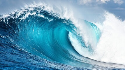Powerful ocean wave photographed from above, massive curl releasing into white foam, deep blue water meeting turquoise face, suspended water particles, dynamic motion capture, atmospheric sea spray,