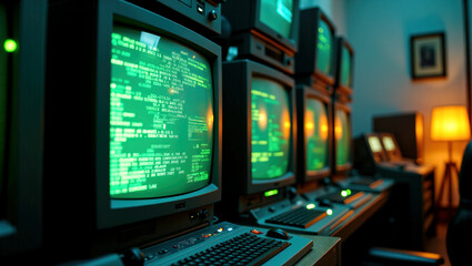 Fototapeta premium Nostalgic Cybernetics: Vintage 1980s Server Room with Glowing Green Data Streams on CRT Monitors