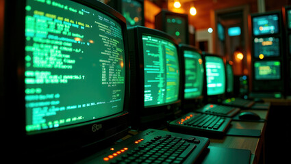 Nostalgic Cybernetics: Vintage 1980s Server Room with Glowing Green Data Streams on CRT Monitors
