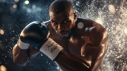 High-speed punch connection, dramatic boxing movement, intense muscular detail, powerful impact ripples, professional sports capture, dynamic lighting contrast, emotional athletic intensity
