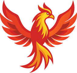 Phoenix Vector Design with Bright Flames, Stylized phoenix vector illustration with vibrant red and yellow flames, symbolizing transformation and strength.
