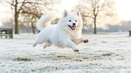 Playful white samoyed dog leaping in snowy park joyful moment winter wonderland outdoor fun