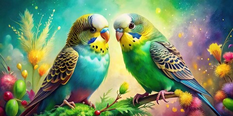Fototapeta premium Original Watercolor Portrait of Budgies - Vibrant Bird Painting, Colorful Feathered Friends, Nature Art, Wildlife Illustration, Beautiful Avian Species, Decorative Home Decor