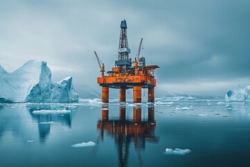 An oil platform rises in calm Arctic waters, surrounded by icebergs beneath a moody dusk sky, depicting a harsh yet serene landscape