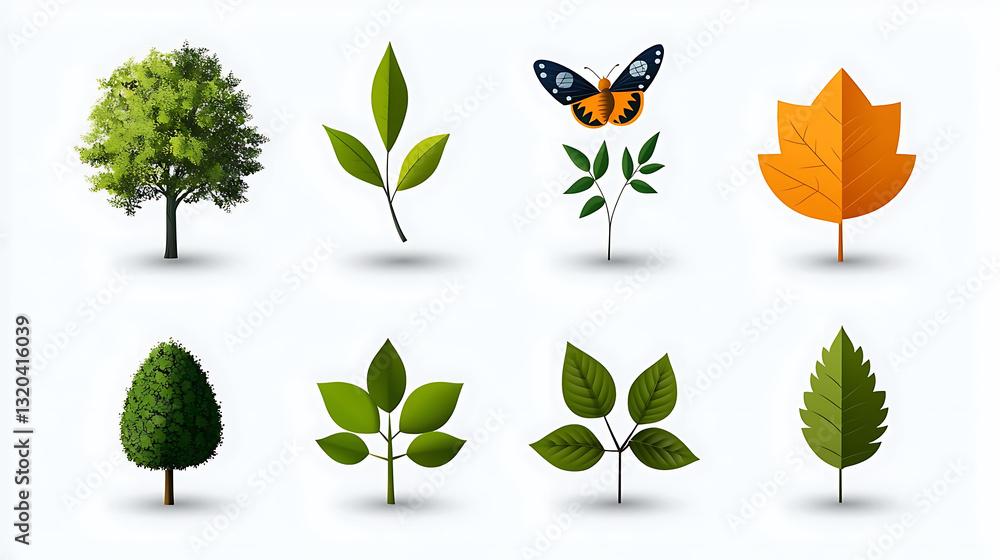 Poster ecofriendly minimalist icons featuring trees leaves butterfly and nature elements clean design for g