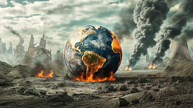 Burning earth in a destroyed post-apocalyptic world, symbolizing environmental damage and global warming