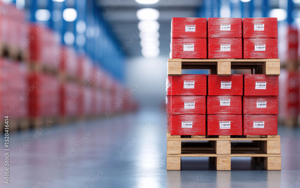 Poster stacked pallets with red boxes and customs labels in warehouse setting, showcasing organized storage