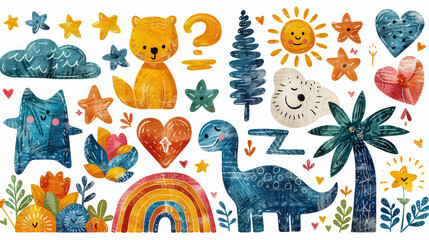 Obraz premium collection of hand drawn whimsical nature themed illustrations featuring animals, plants, and celestial elements in vibrant colors