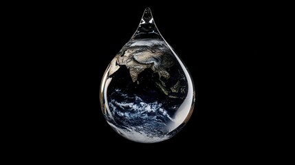 A teardrop-shaped glass globe showing Earth. Illustrates environmental fragility, water scarcity.