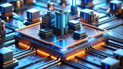 A Futuristic City Thrives Within A Glowing Technological Heart, Vibrant Circuits Pulse With Energy, Showcasing A Sleek, Dark Aesthetic