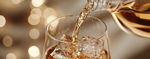 A glass filled with ice pours a golden liquid, set against a blurred, warm background, creating a cozy, inviting atmosphere.