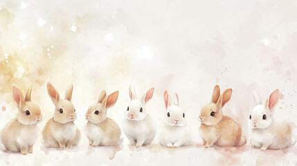 charming watercolor illustration of tiny, round rabbits with soft fur, painted in warm earthy tones like beige