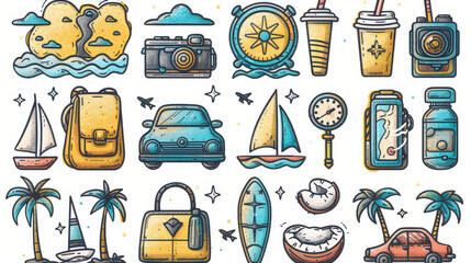 collection of hand drawn travel icons in minimalist doodle style features items like camera, compass, and sailboat, evoking sense of adventure and exploration