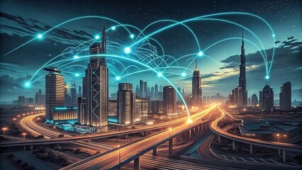 Fototapeta premium A Futuristic Cityscape At Twilight, Gleaming Skyscrapers Interconnected By Vibrant Energy Streams, Showcasing Technological Advancement And Global Connectivity With A Warm, Nighttime Glow