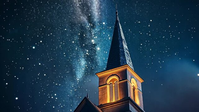Mystical night scene of a church steeple under a sparkling celestial galaxy backdrop