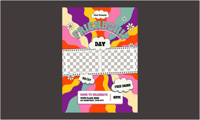 Happy Friendship Day modern retro lettering vector illustration with smile icon and groovy flower. Friendship Day 3d text banner, poster, sticker, flyer, greeting card. Cute friendly lettering