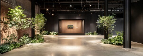 A modern exhibition space featuring minimalist design, natural greenery, and soft lighting, creating an inviting atmosphere for art displays.
