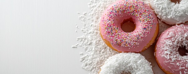 A tempting selection of colorful donuts topped with sprinkles and coconut, arranged on a white surface.