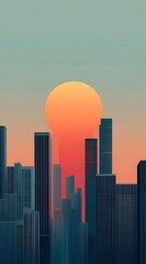Obraz premium city skyline with a large sun setting in the background.