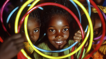 Three joyful children play with colorful hula hoops in a vibrant setting, showcasing their happiness and creativity in a lively atmosphere