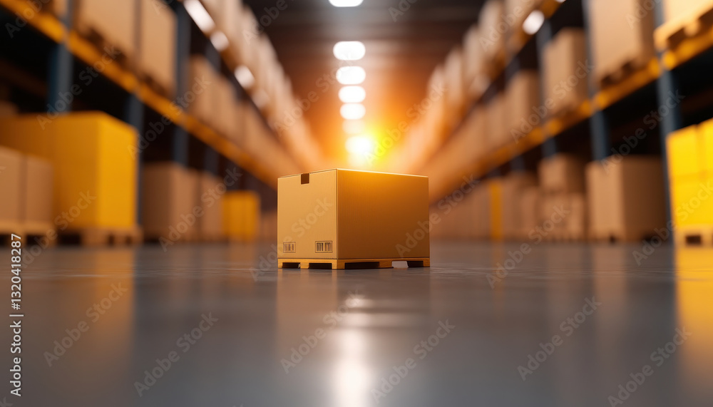 Poster large warehouse with storage racks filled with boxes, featuring single box on pallet illuminated by 