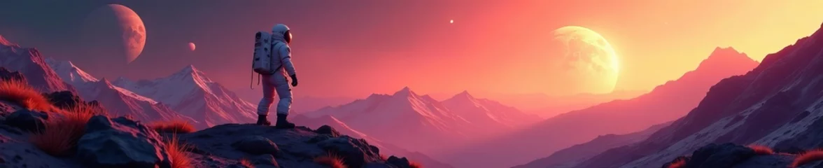 Fototapete Rund Stunning landscape with astronaut exploring new planet in spaceman suit, exploration, cosmic, astronaut © Prasong