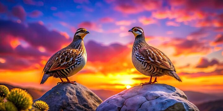 Rock Partridge Birds Purple Sky Bokeh Photography - Wildlife Nature Image