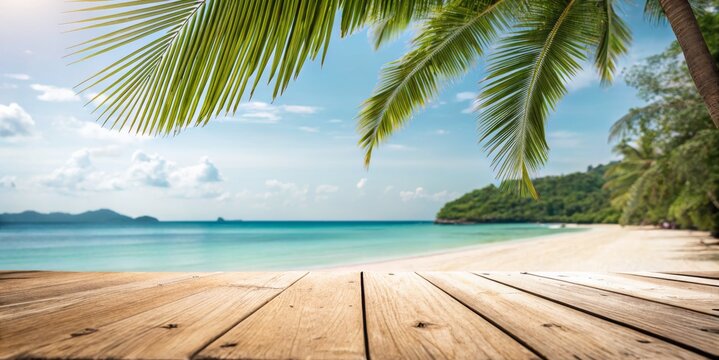 Empty wide Table top wooden bar with blurred beautiful beach scene background coconut leaf on frame for product display mockup outside summer day time. Resort clean wood desk board on nature view.