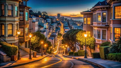Obraz premium San Francisco Steep Street Night Photography, Low Light Cityscape, Hilly Street, Night View, Urban Photography, California Streets