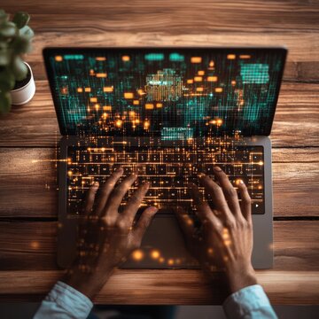 Person Typing on Laptop with Glowing Digital Data Overlay  Cybersecurity Coding Data Science Technology