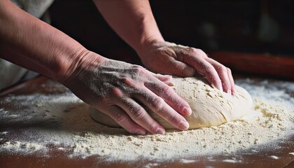 A close-up of hands kneading a ball of dough on a floured wooden surface, capturing the warmth and craftsmanship of traditional bread-making in a cozy home kitchen.

