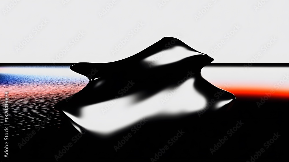 Poster a smooth black abstract shape resting on reflective surface