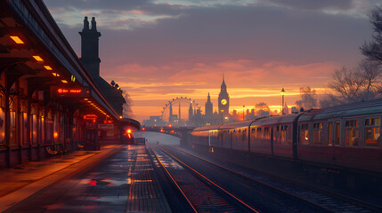 Fototapeta premium Sunset over a bustling train station with silhouetted landmarks and a vibrant sky reflecting on tracks