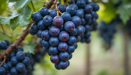 Fresh, Juicy Purple Grapes on the Vine, Glowing with Morning Dew.