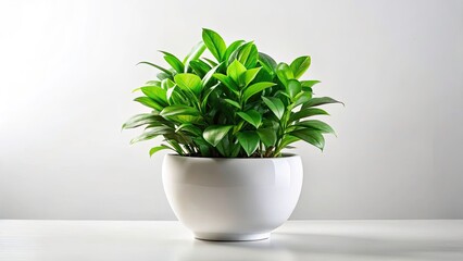 Fototapeta premium Single Green Plant in Oval White Pot on White Background - Minimalist Home Decor, Nature, Interior Design, Relaxing Space, Greenery, Pot Plant