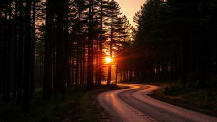 Winding dirt road surrounded by dense forest 