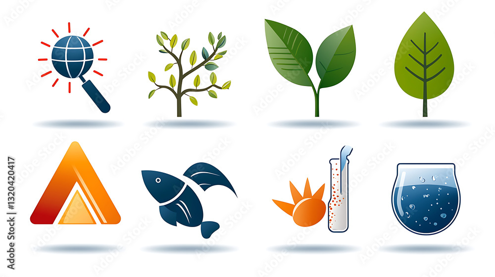 Poster exploring environmental impact through minimalist linear icons representing nature elements creative
