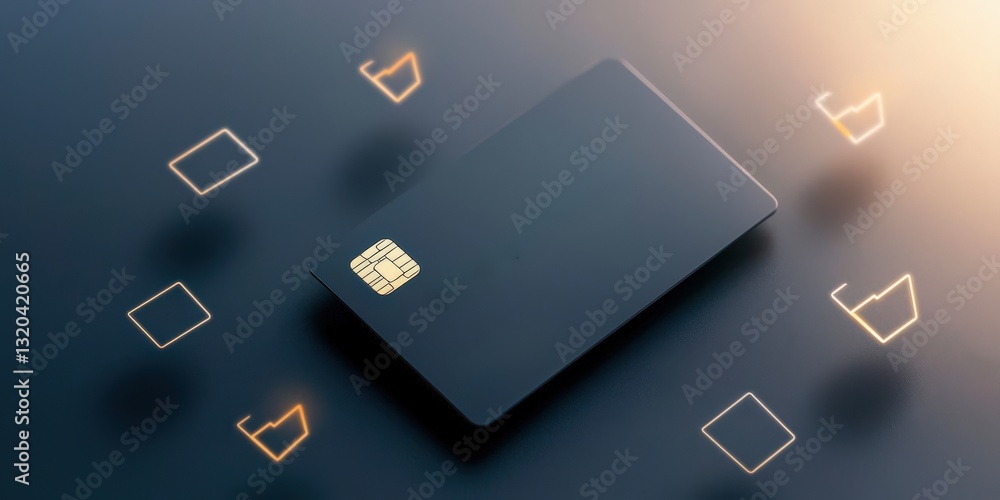 Poster budget saving optimization concept. black credit card with abstract icons surrounding it.