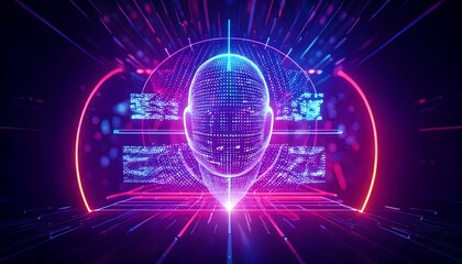 A futuristic digital representation of artificial intelligence, featuring a human head integrated with glowing neural networks and data streams, symbolizing advanced technology and deep learning.

