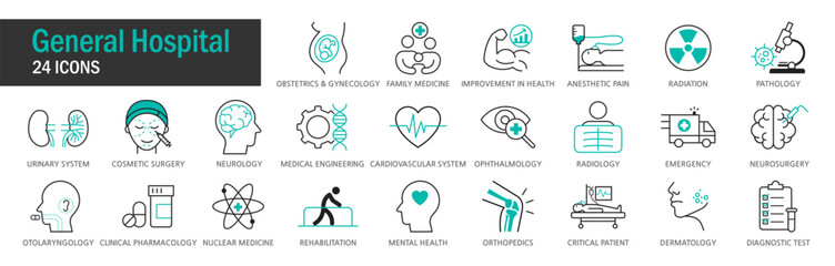 +General Hospital. General hospital icon set. General hospital treatment subject icon against white background. Vector illustration icon. eps, png, jpg