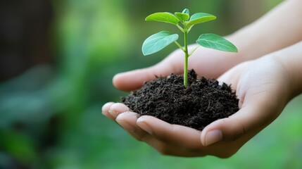 Hands holding seedling in soil outdoors