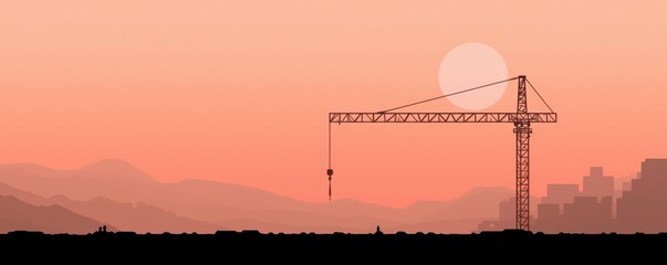 Fototapeta premium A silhouette of a construction crane against a vibrant sunset, casting shadows over a city skyline.