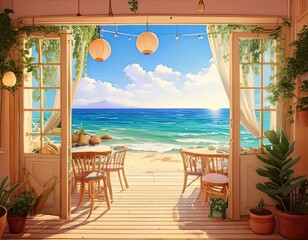 Obraz premium A serene coastal retreat featuring an open-air terrace with wooden chairs and lush greenery, overlooking the tranquil ocean under a bright blue sky.