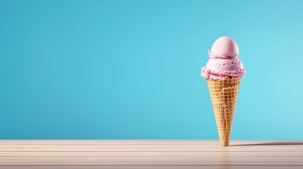 Delicious pink ice cream cone on wooden table vibrant background food photography
