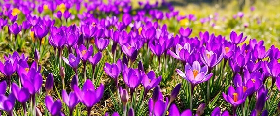 Obraz premium Vibrant purple crocus blossoms carpet a sunlit spring meadow, seasonal, wildflowers