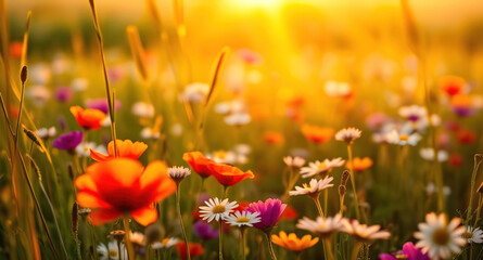 Naklejka premium Wildflower meadow, golden hour sunlight, poppies, daisies, colorful flowers