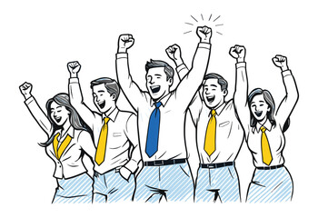 A group of people are smiling and celebrating together. They are wearing ties and are all standing close to each other